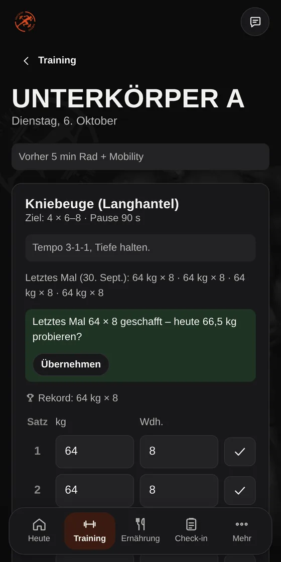 Trainingsansicht mit letzten Gewichten und Steigerungs-Hinweis